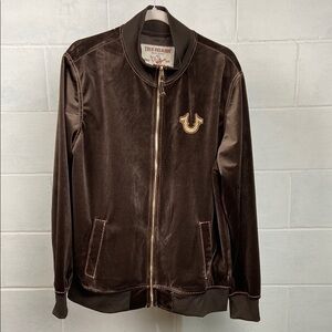 NWT TRUE RELIGION MEN’S BIG T VELVET MOCK NECK ZIP UP JACKET BRACKEN/GOLD